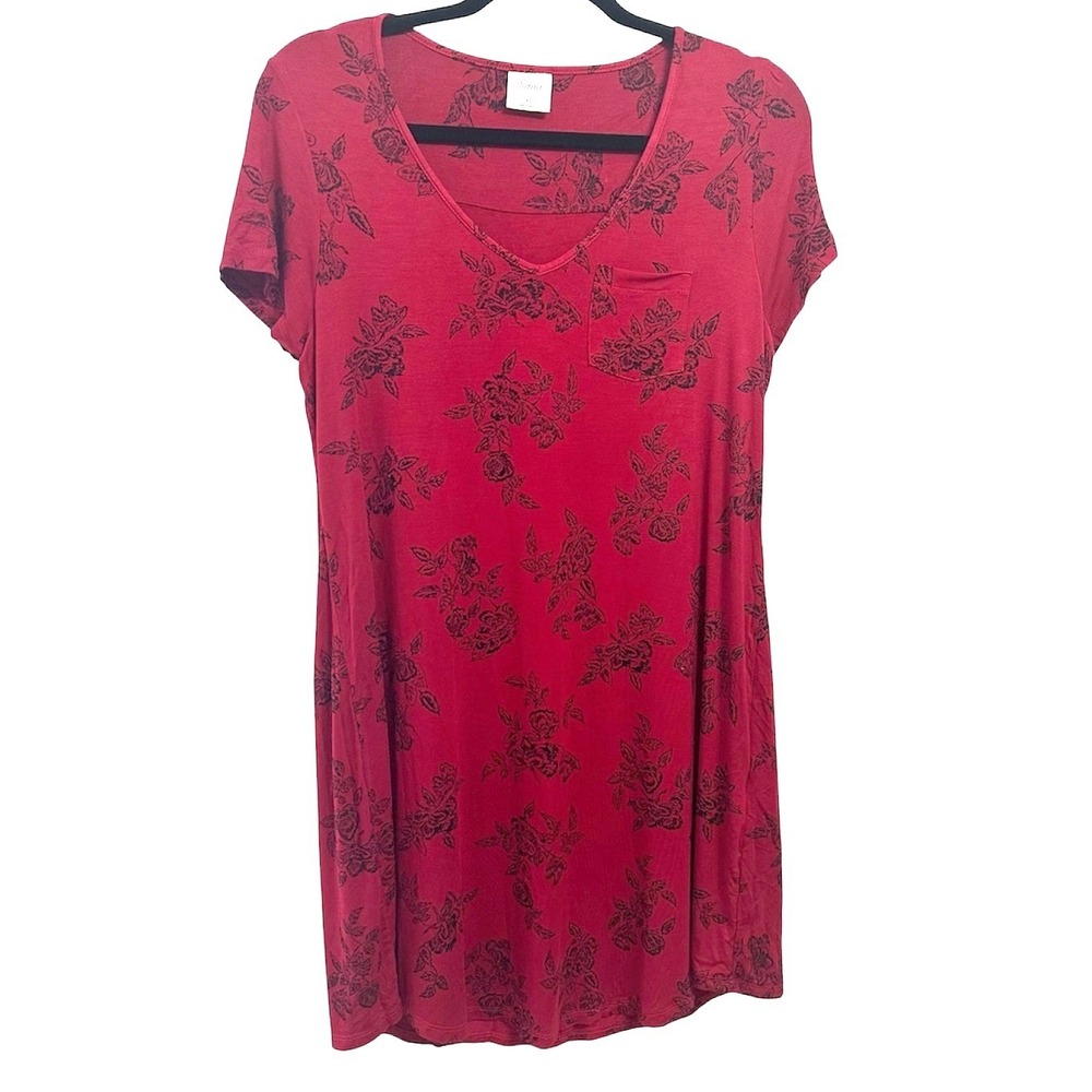 Soma Nightgown Women XS Red Floral V-Neck‎ Short Sleeve Pocket Lounge Dress